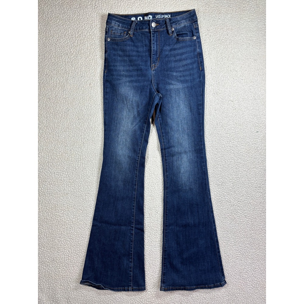 SONG‎ Women's Lace Up Back Fit Flare Jeans Dark Wash High Rise Stretch Size 5/27
